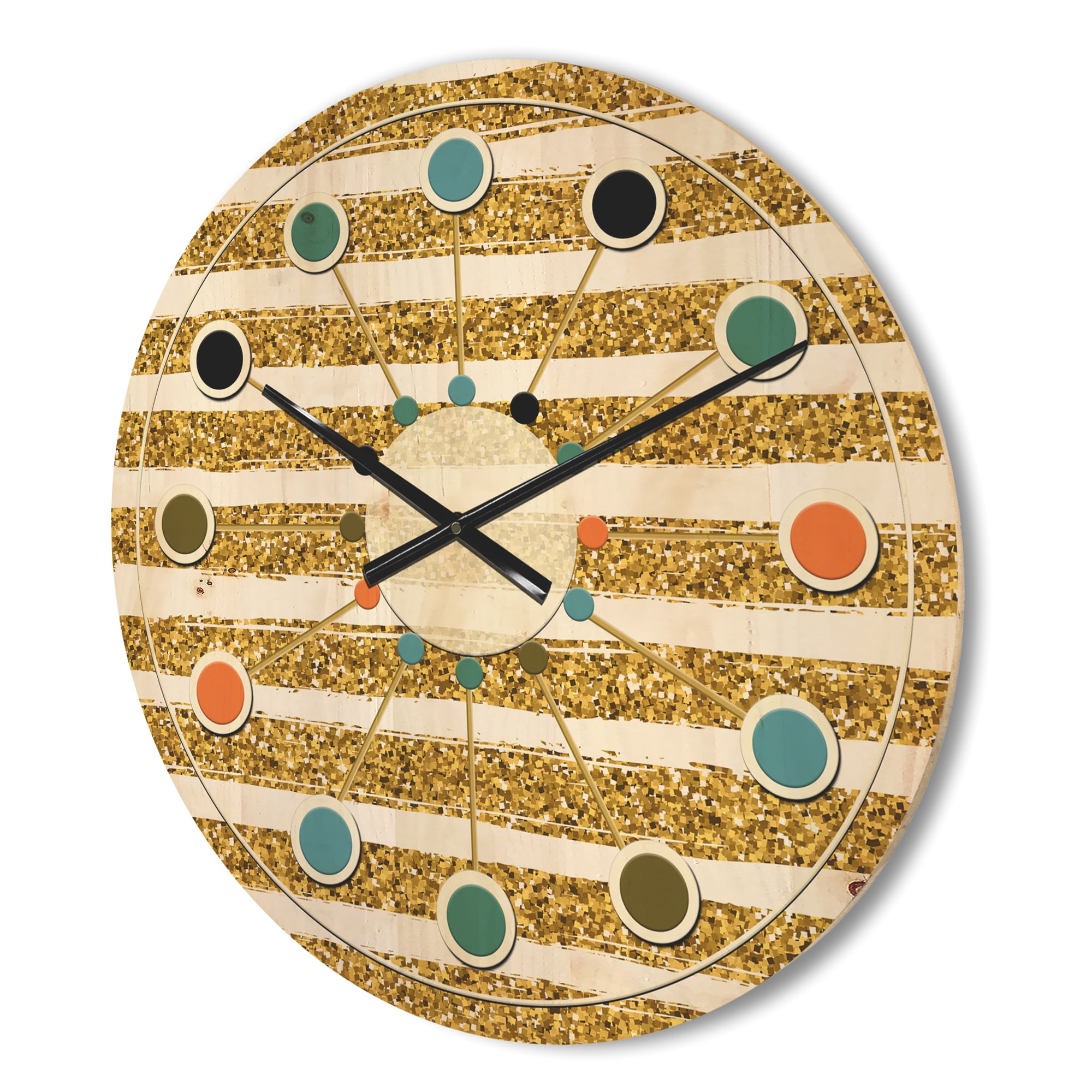 Designart 'Golden Cubics Horizontal Lines ' Mid-Century Modern Wood Wall Clock