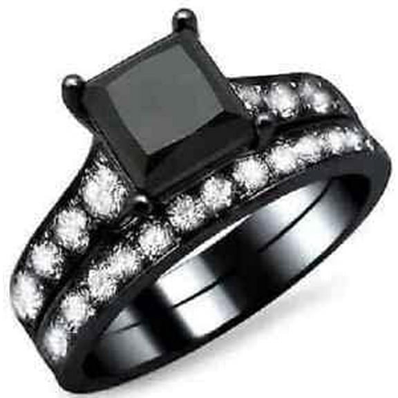 beryl_creation Women's 925 Sterling Silver 2.50 Ct Princess Cut Black Diamond Engagement Wedding Thanksgiving Christmas Bridal Ring Set 14K Black Gold Plated -5