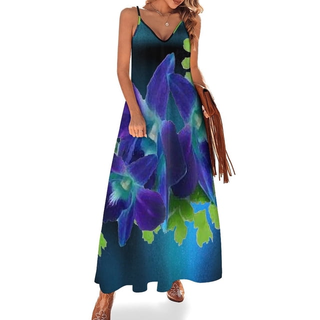 Vestido sin mangas hawaiano con orquídea azul y helecho, vestido de noche sensual y sexy para mujer, vestidos de fiesta elegantes para mujer 2024