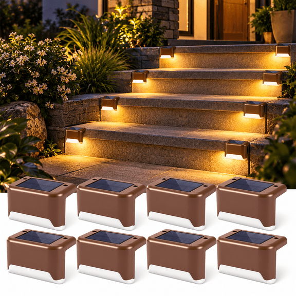 8-Pack Solar Deck Lights Outdoor Waterproof IP68 Solar Stair Lights No Wiring Auto On Off Warm LED Solar Fence Lights for Garden Path RV Steps