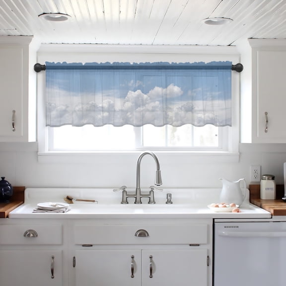 Clouds Valance Curtains for Kitchen/Living Room/Bathroom/Bedroom Window, Blue White Sky Natural Landscape Rod Pocket Small Topper Half Short Window Curtains Voile Sheer Scarf 42"x18"