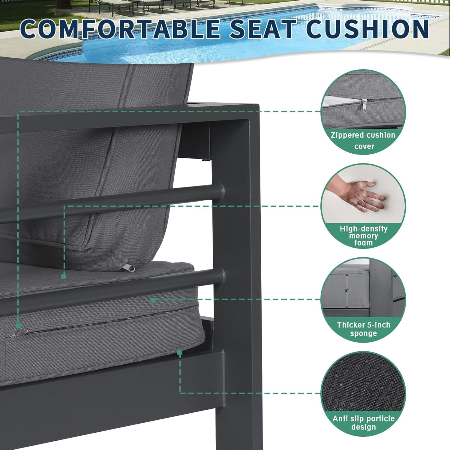 ELPOSUN Waterproof Cover And 5-Inch Olefin Seat Cushion Olefin Fabric And High-Density Sponge Gray