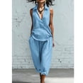 thumbnail image 3 of ibuvkizy Linen 2 Piece Set Women Cotton-Linen Outfit Set,Collared Sleeveless Wrap V Neck Ruched Tops & Elastic Waist Cropped Wide Leg Capri Pants with Pockets,Boho Casual Vacation Matching Suit, 3 of 7