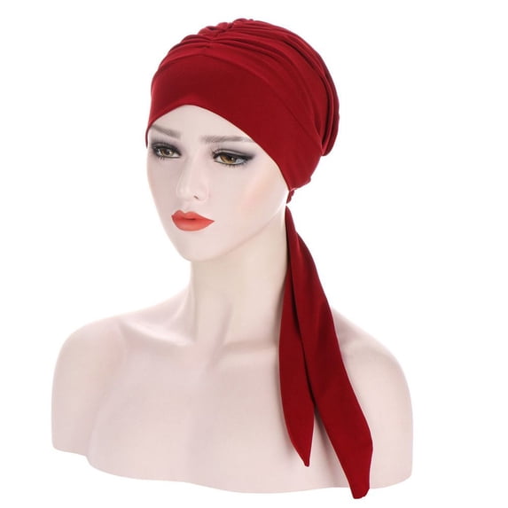 Women Headwear Pre-Tied Adjustable Chemo Pirate Cap Cancer Head Scarf Muslim Turban Hair Loss Hat WINE RED