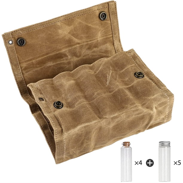 Bolsa de especias portátil con 9 tarros de especias, organizador de bolsa de almacenamiento de condimentos de lona, soporte para botellas de condimentos con minibotella de condimentos