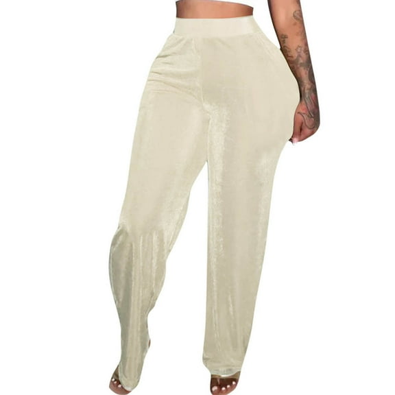 RQYYD Women's Velvet Pants High Waist Elastic Waist Trousers Causal Solid Color Long Straight Leg Pants