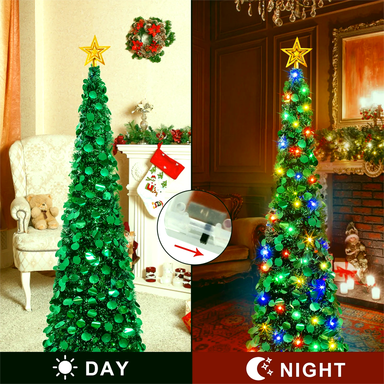 N&T NIETING 6ft Collapsible Pop-Up Christmas Tree - Green Tinsel Tree With Star Topper & 40 Ornaments