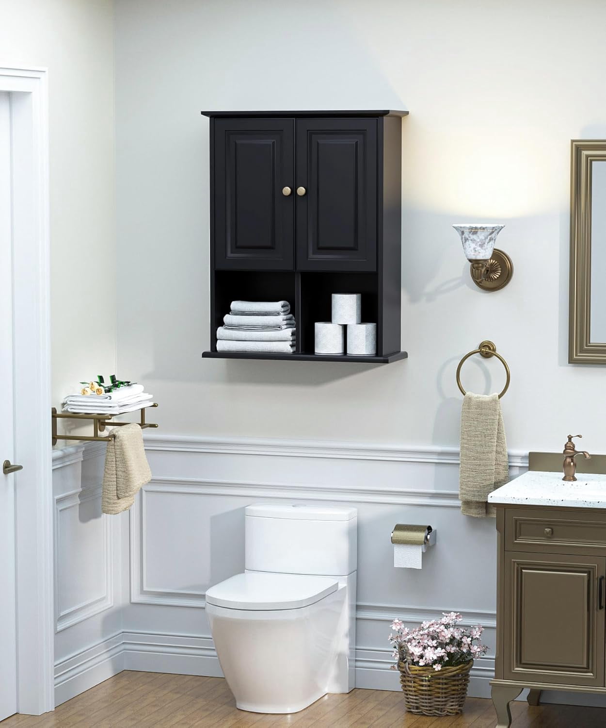 HAIOOU Bathroom Wall Cabinet with Motion Sensor LED Light, Over Toilet Storage Cabinet with Buffering Hinges and Adjustable Shelf (Black)
