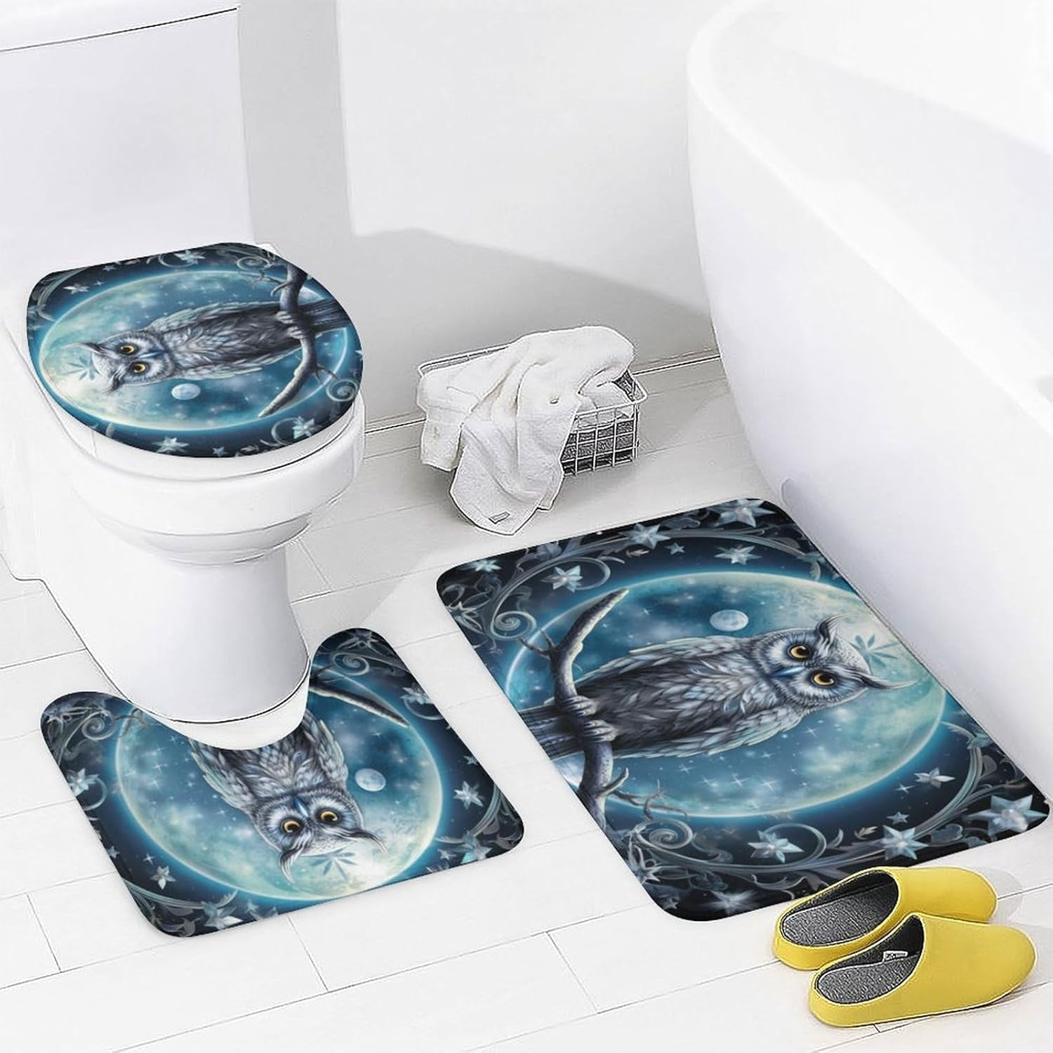 Fantasy Owl Shower Curtain Set for Bathroom 4Pcs Mystery Cool Animal Bird Retro Bathroom Sets with Rugs Toilet Lid Cover Bath Mat Shower Curtain Set with Hooks, Bathroom Decor