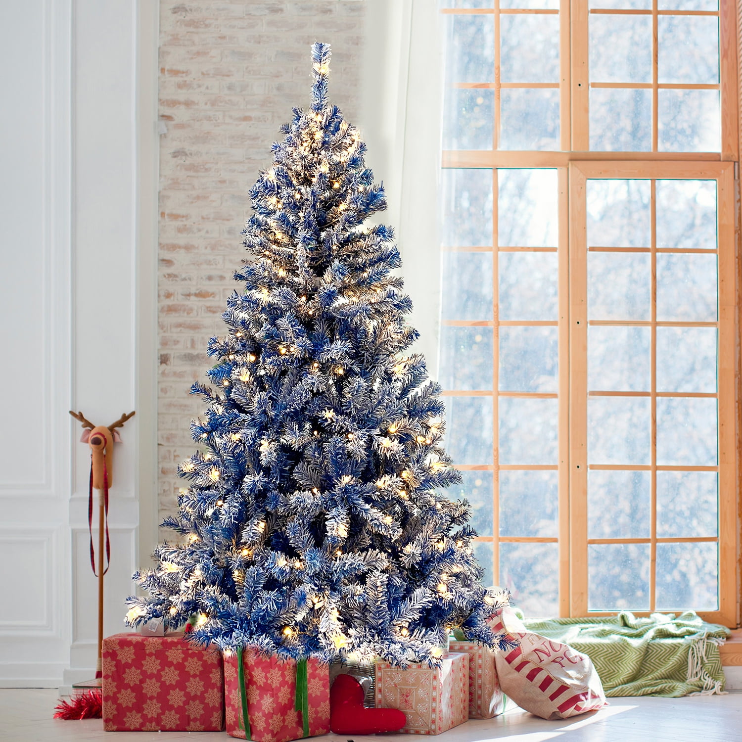 Kadyn 6ft Pre-Lit Artificial Pencil Christmas Tree with Flocked Snow Pre-Strung Lights Xmas Holiday Decoration for Home, Office, Party, Blue