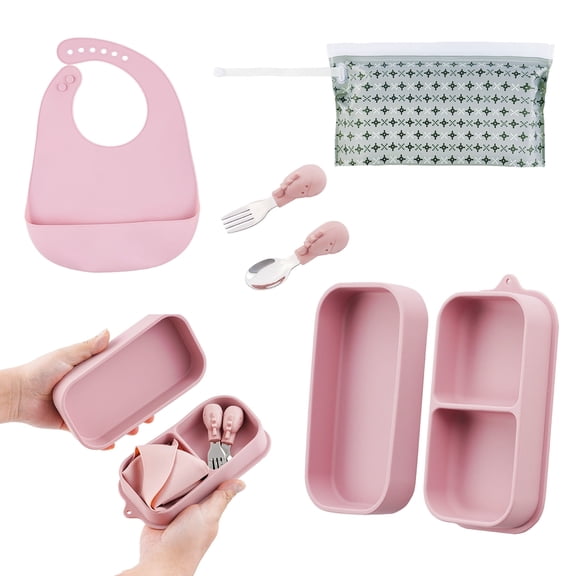 Lumikrypt 6 Pcs Travel Silicone Baby Feeding Set, Portable Toddler Plates with Suction, Soft Spoon & Fork, Foldable Bib and Waterproof Storage Bag, BPA-Free Baby Self Feeding Utensils, Dishware(Pink)