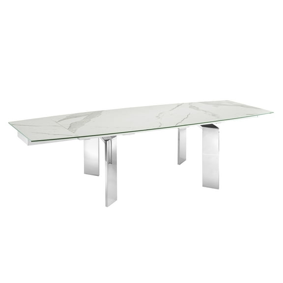 Casabianca Home Astor manual dining table with stainless base and white marbled porcelain top.