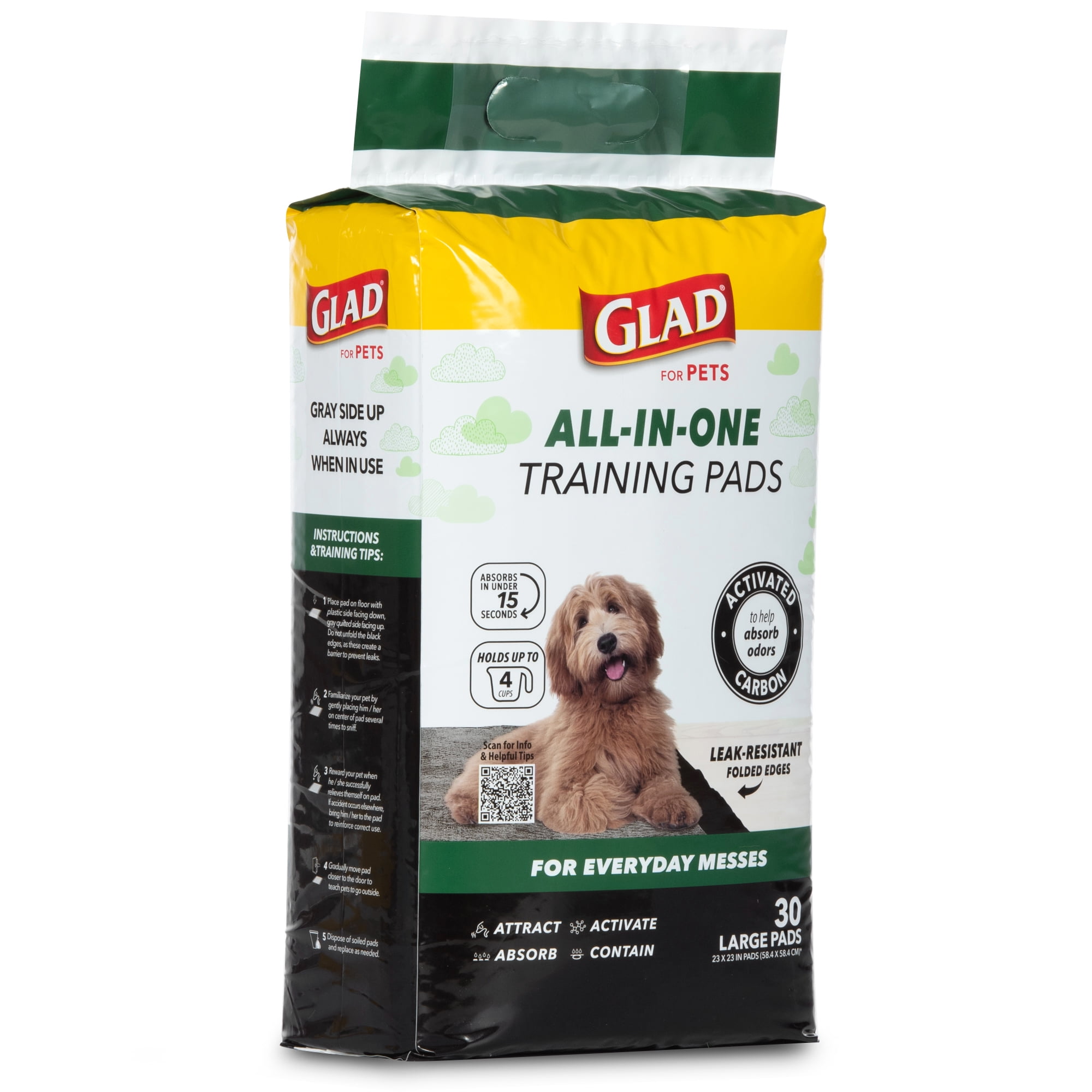 (2 pack) Glad Activated Charcoal Leak-Resistant Training Pads for Dogs, 23in x 23in, 30 Count