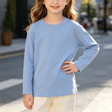 Amidoa Girls Cotton Long Sleeves Cute Cotton T-Shirts Kids Casual Tees Light Blue 3-4 Years
