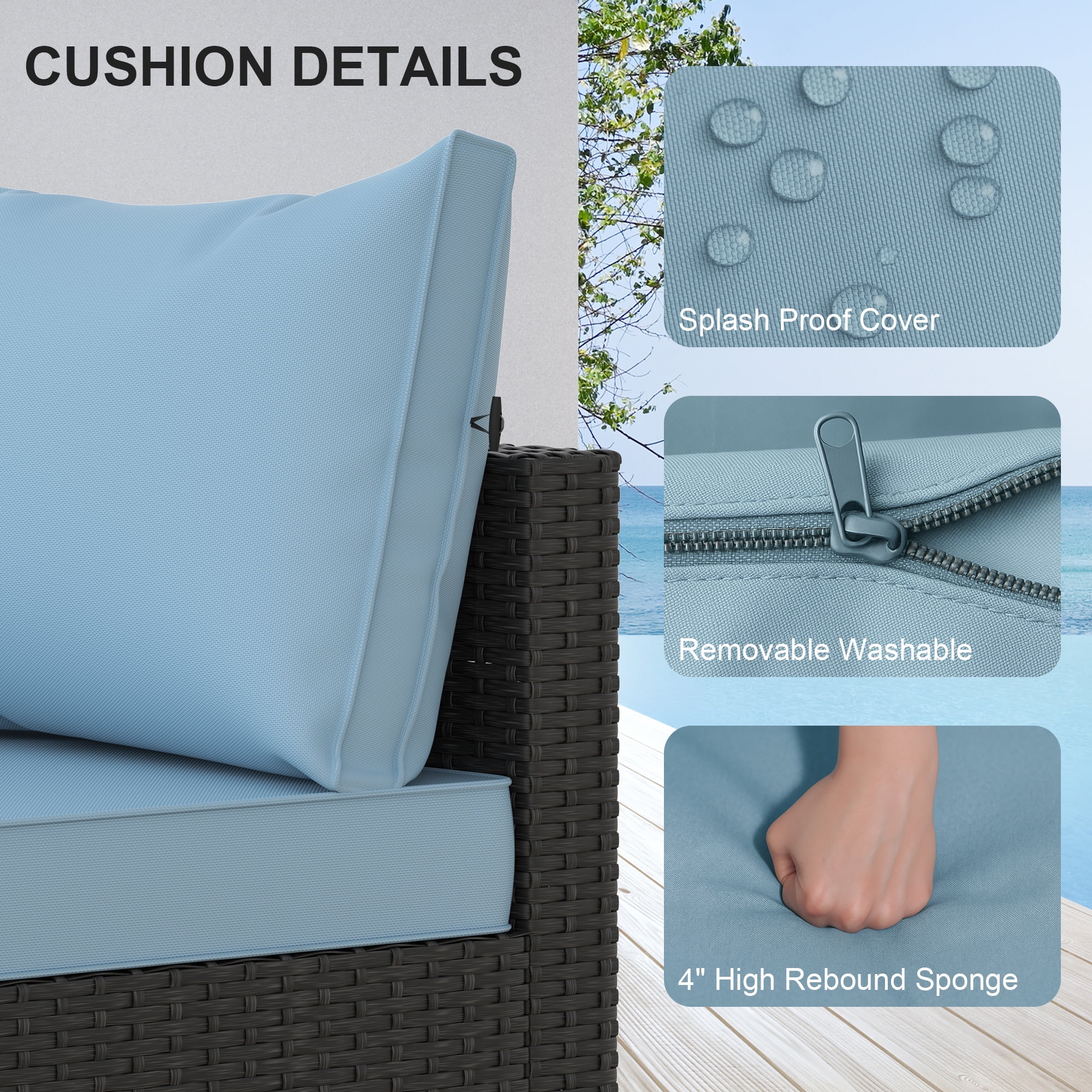 Phonjoroo 5PCS Patio Furniture Sets All Weather Outdoor Sectional Sofa Manual Weaving Wicker Rattan Outdoor Conversation Set with With Cushion And Glass Table, Light Blue