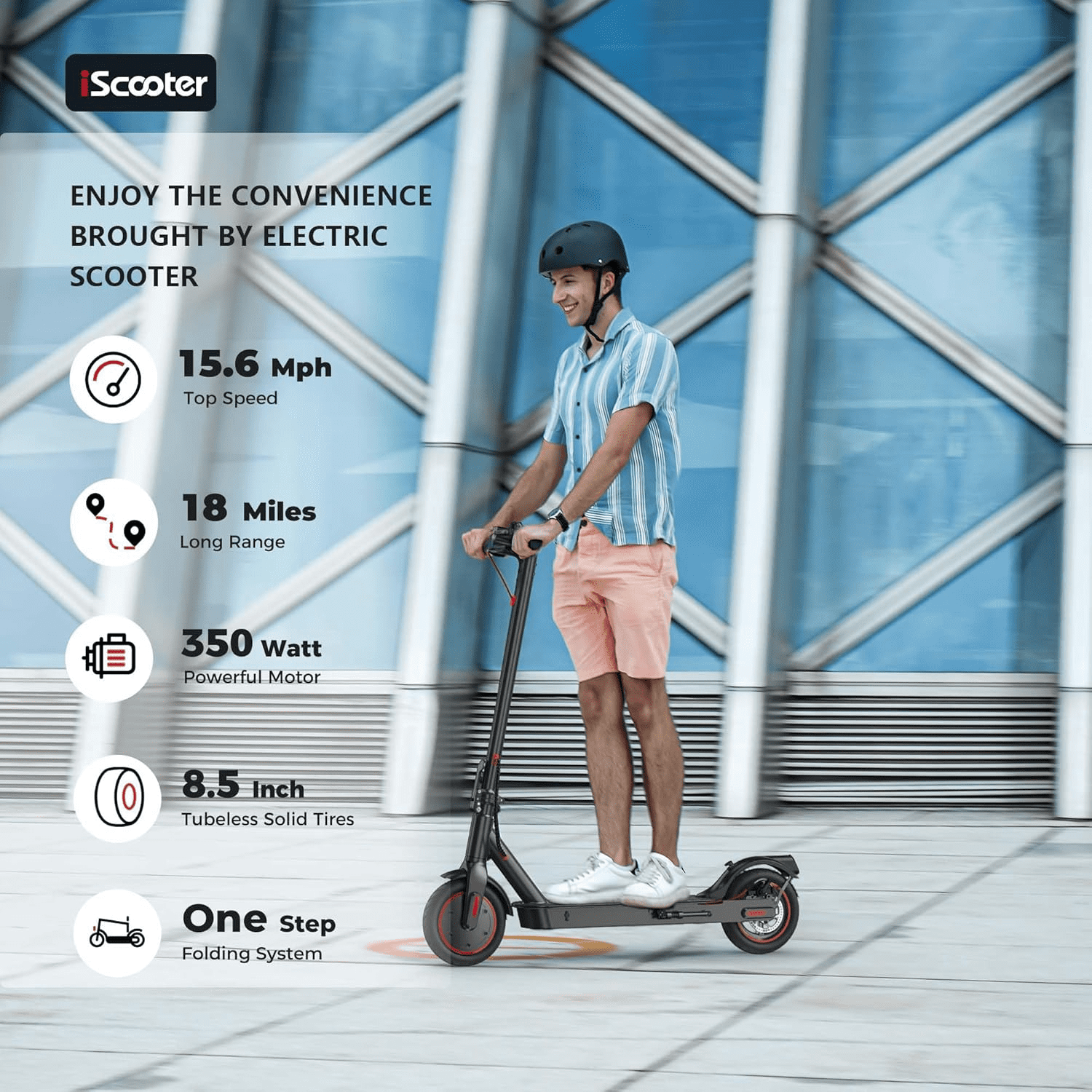 iScooter Electric Scooter, 18Miles Travel Range, 15.6 Mph Top Speed, 350W Scooter Electric with 8.5 Inch Solid Tire, Smart APP, Double Braking Systems for Kids, Teenage and Adults - Black