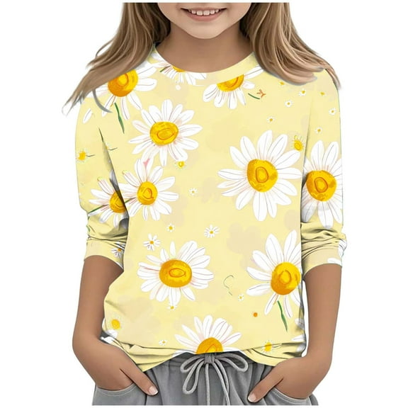 JTSRKL Kids Girls 3/4 Length Sleeve Tops Cute Daisy Pattern Print Fall Crewneck Graphic T-Shirts Loose Lightweight Comfy Pullover Blouse Yellow 3-4 Years