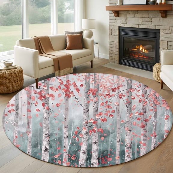 Pink Teal Forest Round Area Rug 6 FT, Non Slip Bedroom Area Rug, Modern Oil Painting Art Washable Soft Circular Carpet Non-Shedding Floor Mat for Kitchen Dining Room Home Office Kids Room