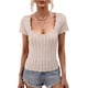thumbnail image 1 of Camiseta de punto con cuello en U para mujer, informal, color puro, ajustada, manga corta, para uso diario, hogar, al aire libre, color albaricoque XL, 1 of 8