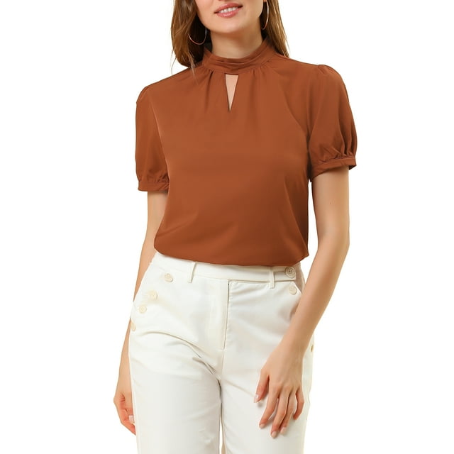 Unique Bargains Blouses Décontractées à Manches Courtes Bouffantes et Col Montant pour Femmes