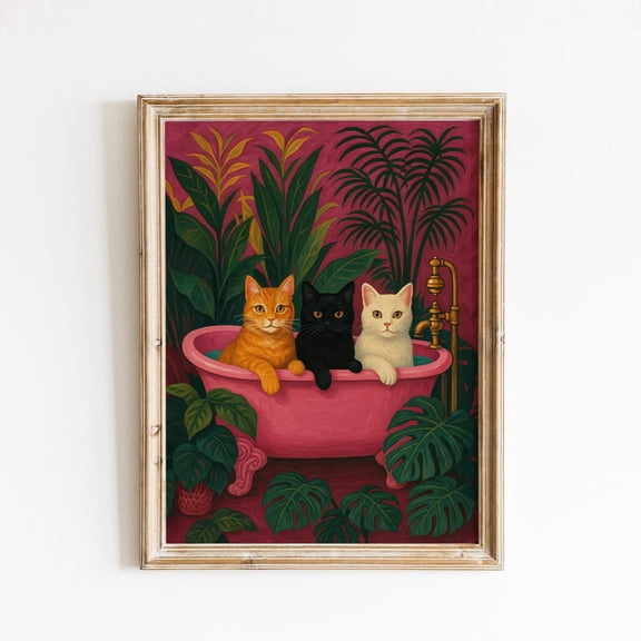 Three Cats In Pink Bathtub – Botanical Retro Poster, Unframed Poster Size 8x12