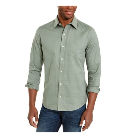 DKNY Mens Green Gingham Collared Classic Fit Dress Shirt S