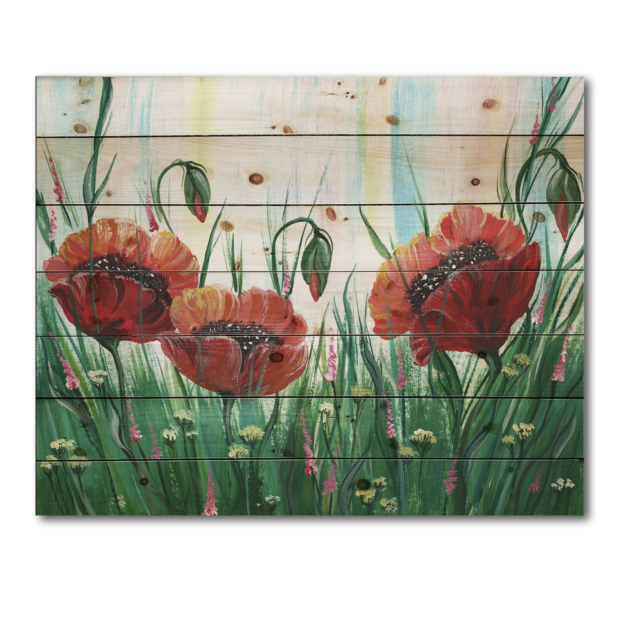 Designart 'Three Red Bright Poppy Flowers On A Green Meadow' Traditional Print on Natural Pine Wood