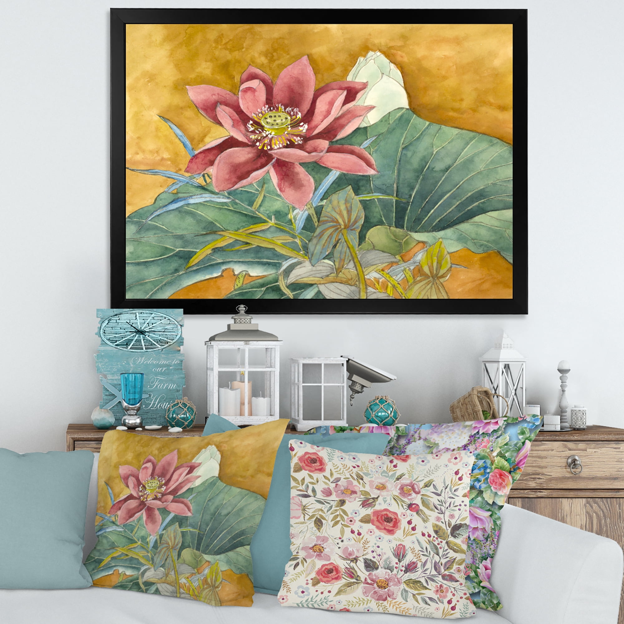 Designart 'Ancient Impression of Pink Lotus' Traditional Framed Art Print