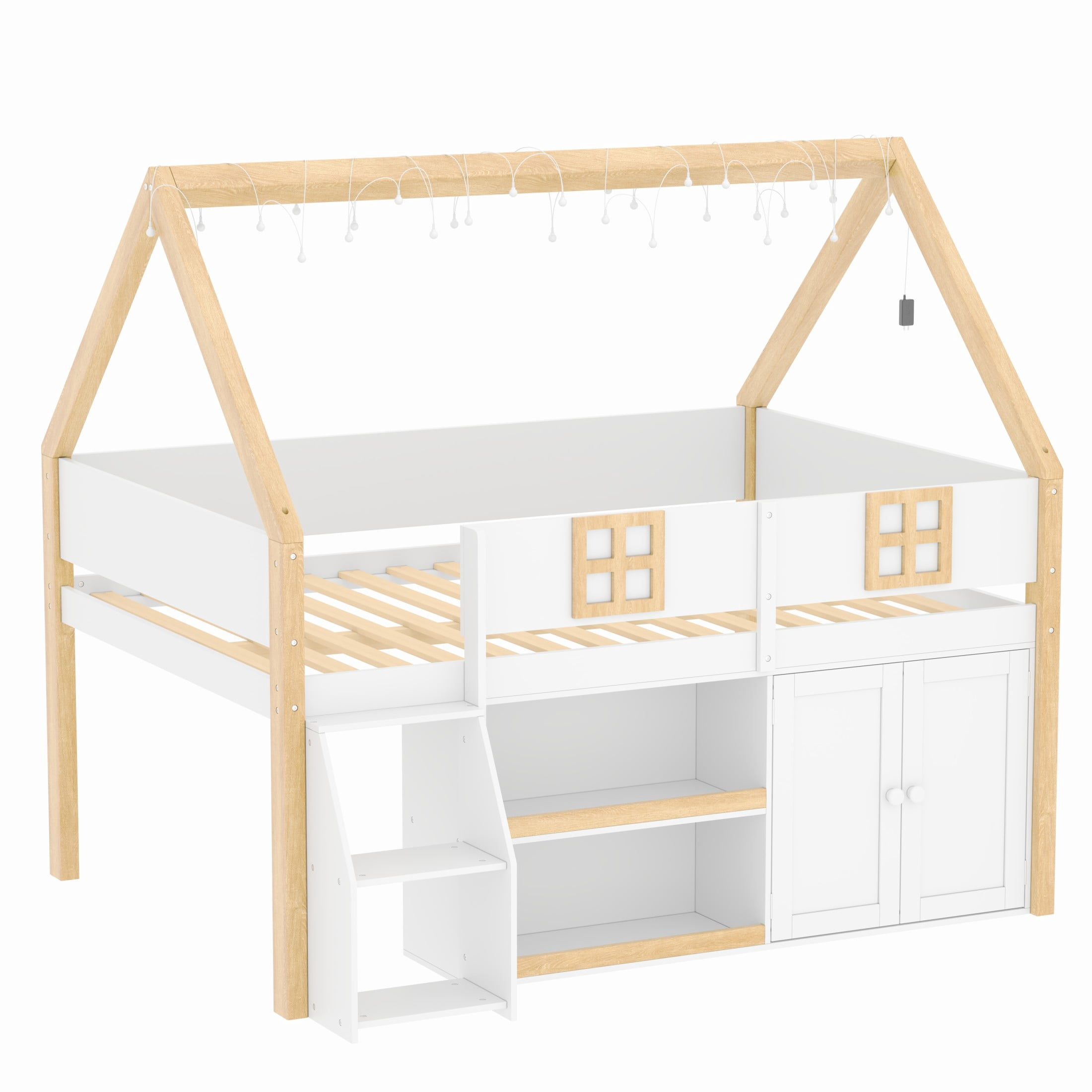 Noble House Harley Full Size Low Loft Bed with Storage Staircase and Cabinets, Wood House Bed, LED Lights, White