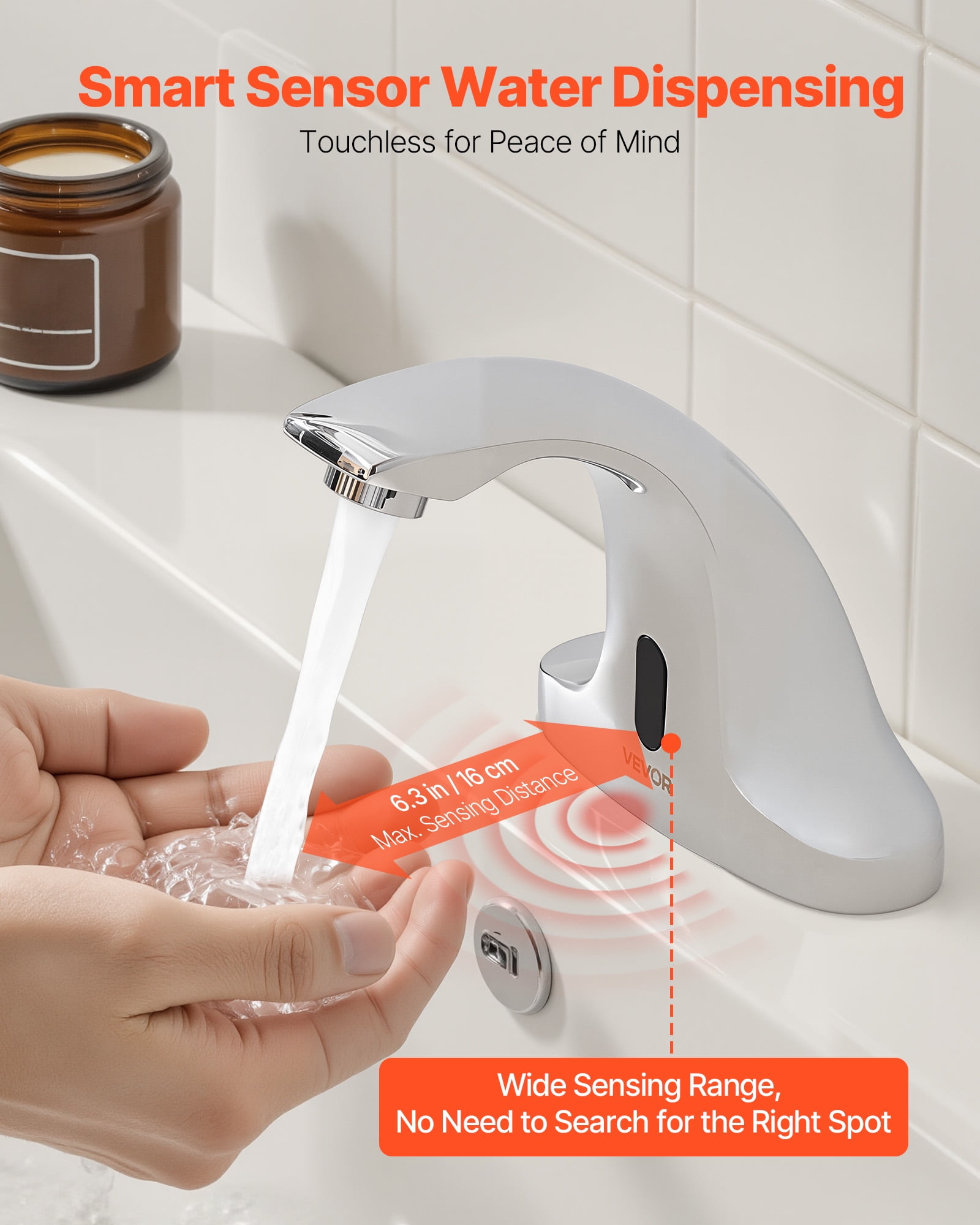 VEVOR Touchless Bathroom Sink Faucet, Automatic Motion Sensor Restroom Toilet Faucet Cold Water with Hole Cover Plate, Battery Operated for 9/16 in Pipe Commercial Lavatory,Chrome Plated Silver