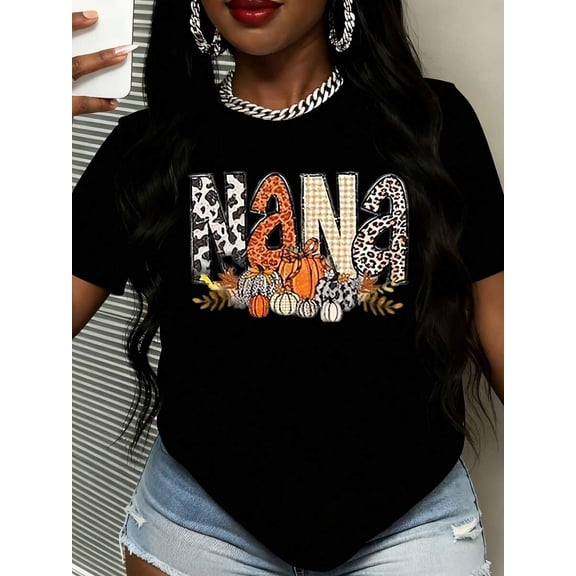 Women Casual Leopard Print Nana Text Pumpkin Graphic Tee Autumn Thanksgiving Top