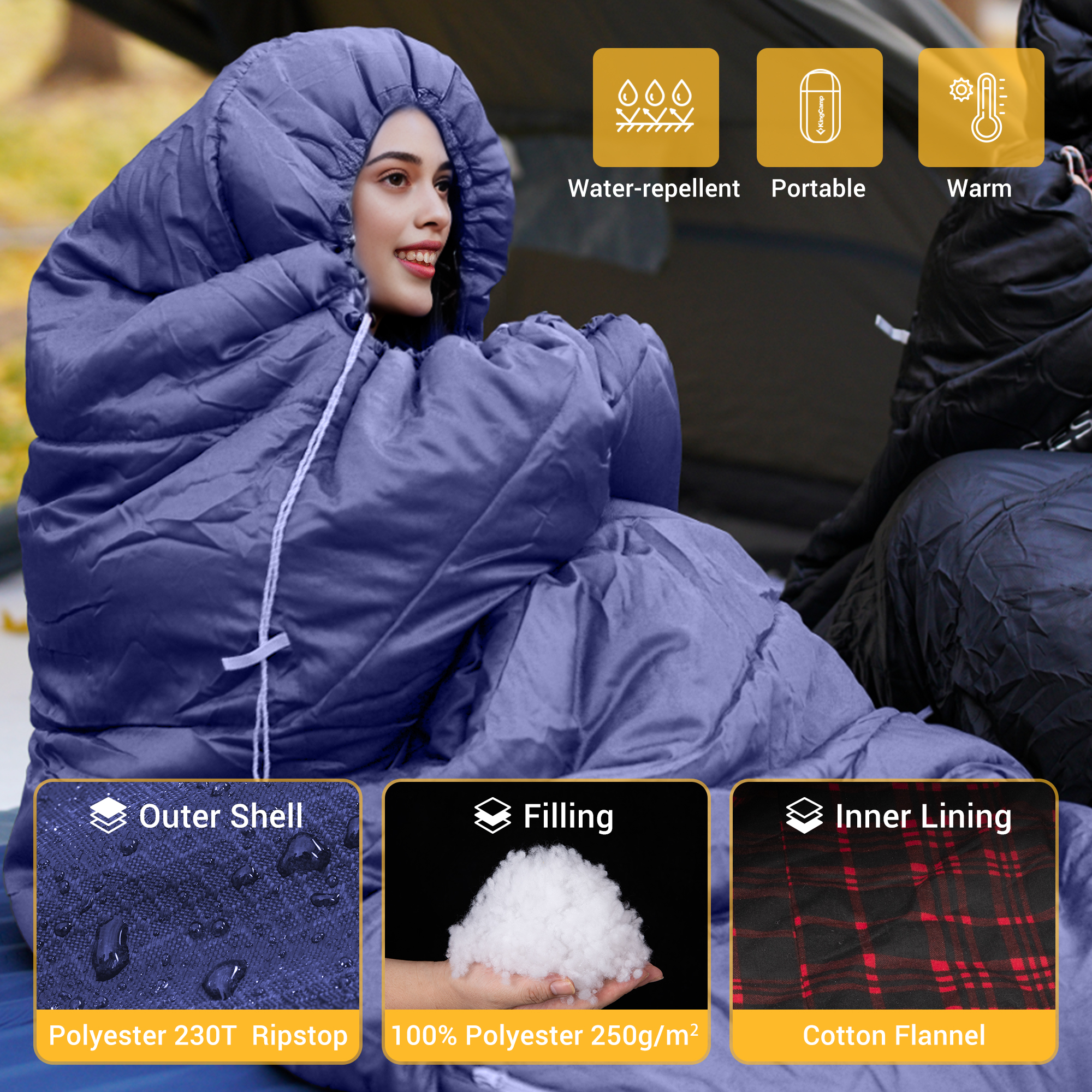 KingCamp XL Cotton Flannel Sleeping Bags, Oversized Weatherproof 3-Season Sleep bag with hood for Camping & Hiking & Backpacking, 17.6℉-54℉ (Navy)