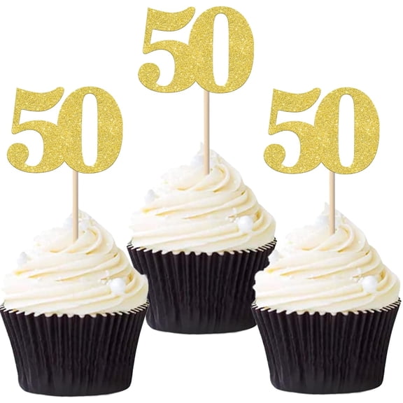 12 Pack Gold Glitter 50 Cupcake Toppers, Number 50 Picks for 50th Birthday Anniversary Party Cake Decorations Supplies