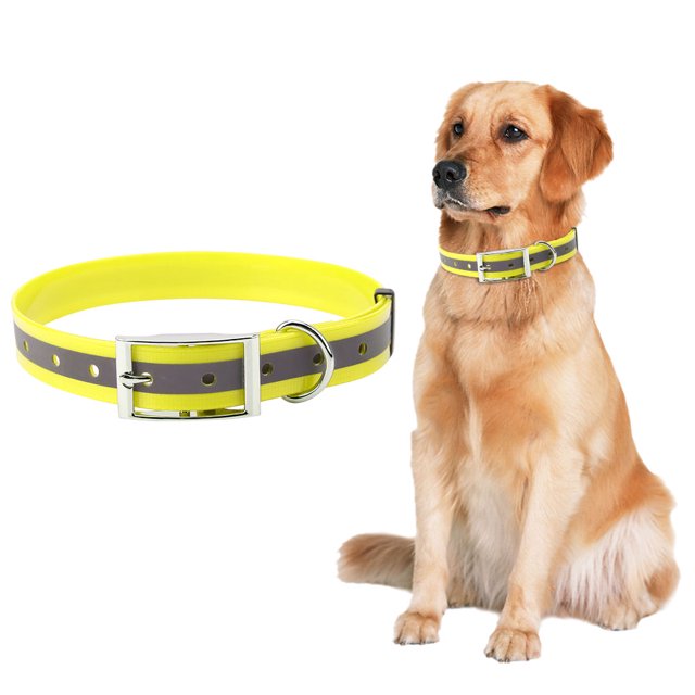 L Size Dog Reflective Collar Waterproof Collar Medium To Large Size Dog Collar in yellow, featuring a reflective strip for enhanced nighttime visibility and safety. Made of durable TPU material, it is waterproof, easy to clean, and adjustable to fit medium to large dogs comfortably. Includes a metal buckle and D-ring for secure leash attachment.