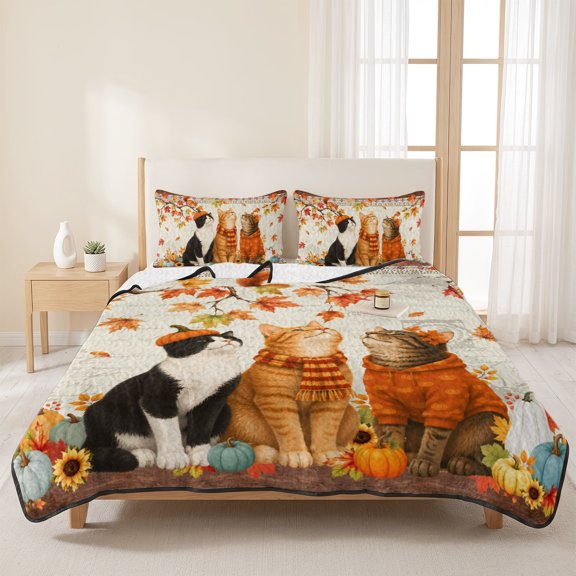 3 Pieces Queen Quilt Set,Thanksgiving Cat Pumpkin Sunflower Soft Bedding Sets with 1 Quilt & 2 Pillow Shams,Fall Maple Leaf Squirrel Summer Bedspread Lightweight Coverlet Comforter for All Season