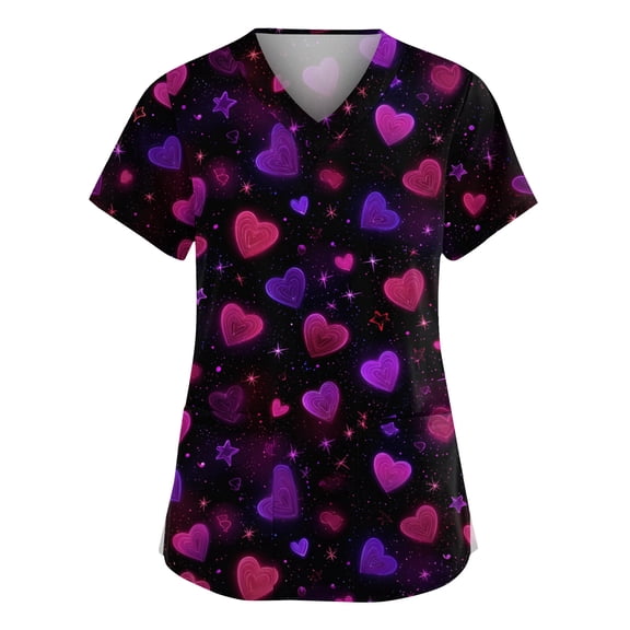 Stichou Valentines Scrub Tops for Women Plus Size Love Heart Print Funny Short Sleeve Working Uniforms Soft V-Neck Casual Tops with Pockets Dark Purple 2XL