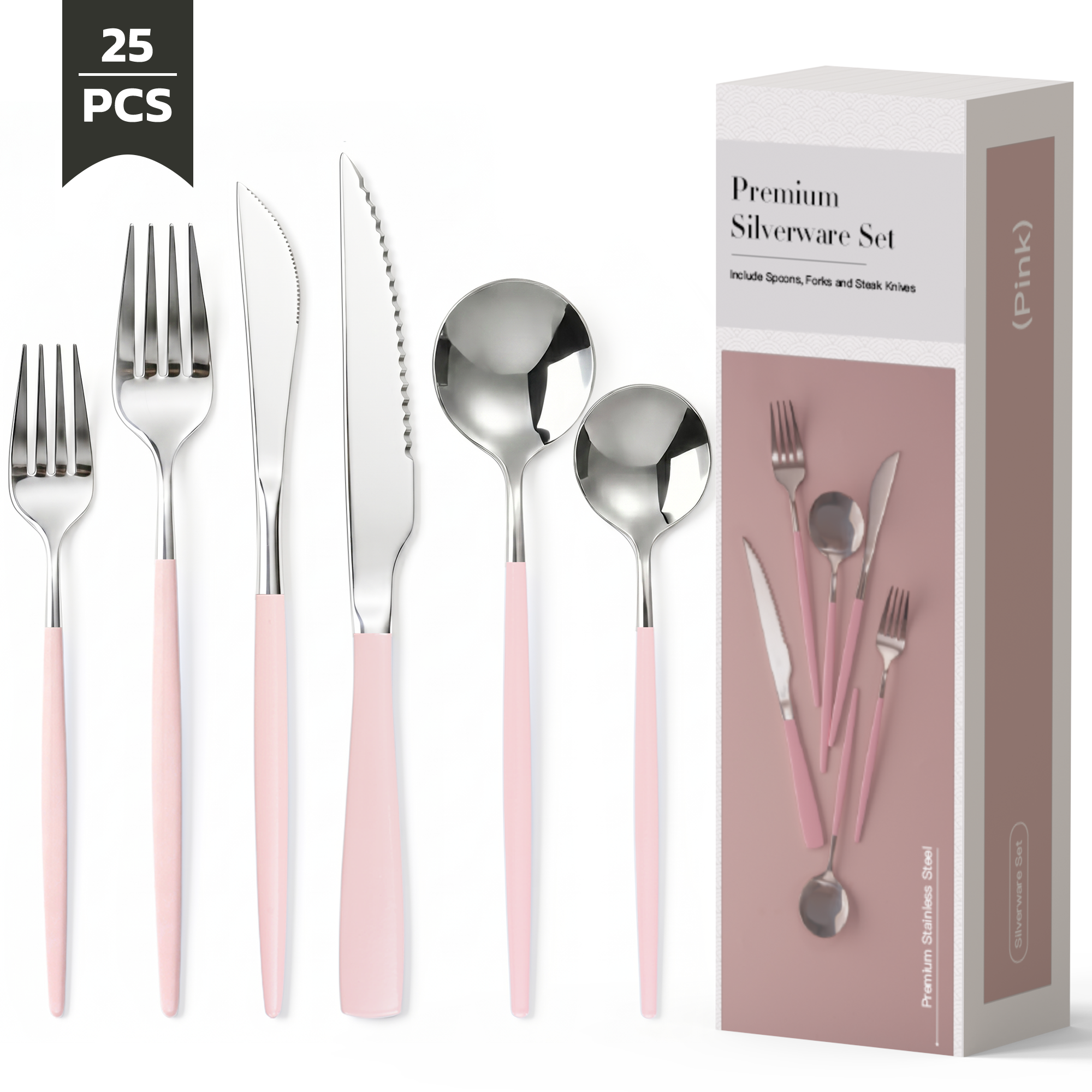 Astercook 25-Piece Pink Stainless Steel Flatware Set photo 1