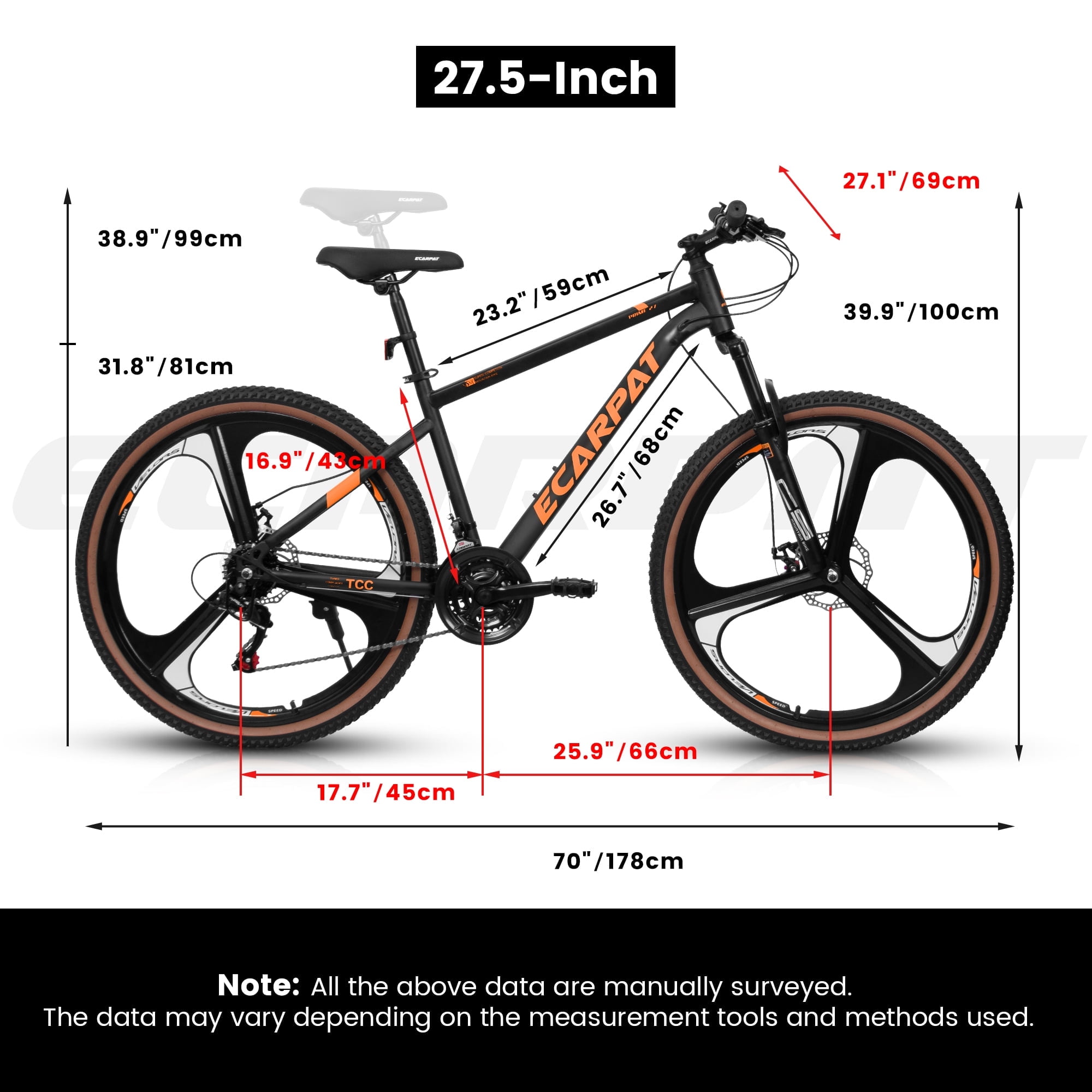 POVANLI  27.5 inch Mountain Bike for Men and Women, 21 Speed Road Bicycle with Dual Disc Brakes & Suspension, High Carbon Steel Frame Front Fork Bicycles, Black&Orange(Gift)