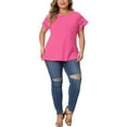 thumbnail image 2 of Agnes Orinda Women's Plus Size Tops Lace Panel Hollow Short Sleeves Spring Summer Solid Blouses 2X Hot Pink, 2 of 6