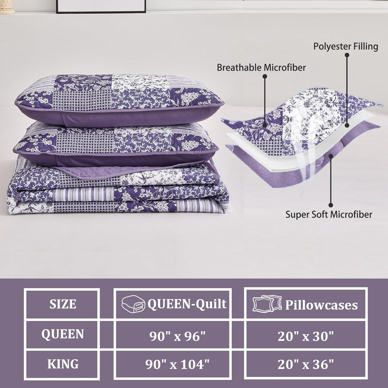 3 Pieces Grid Patchwork Queen Size Bedspread Quilt Bohemian Stripe Coverlet Set (90"x96")