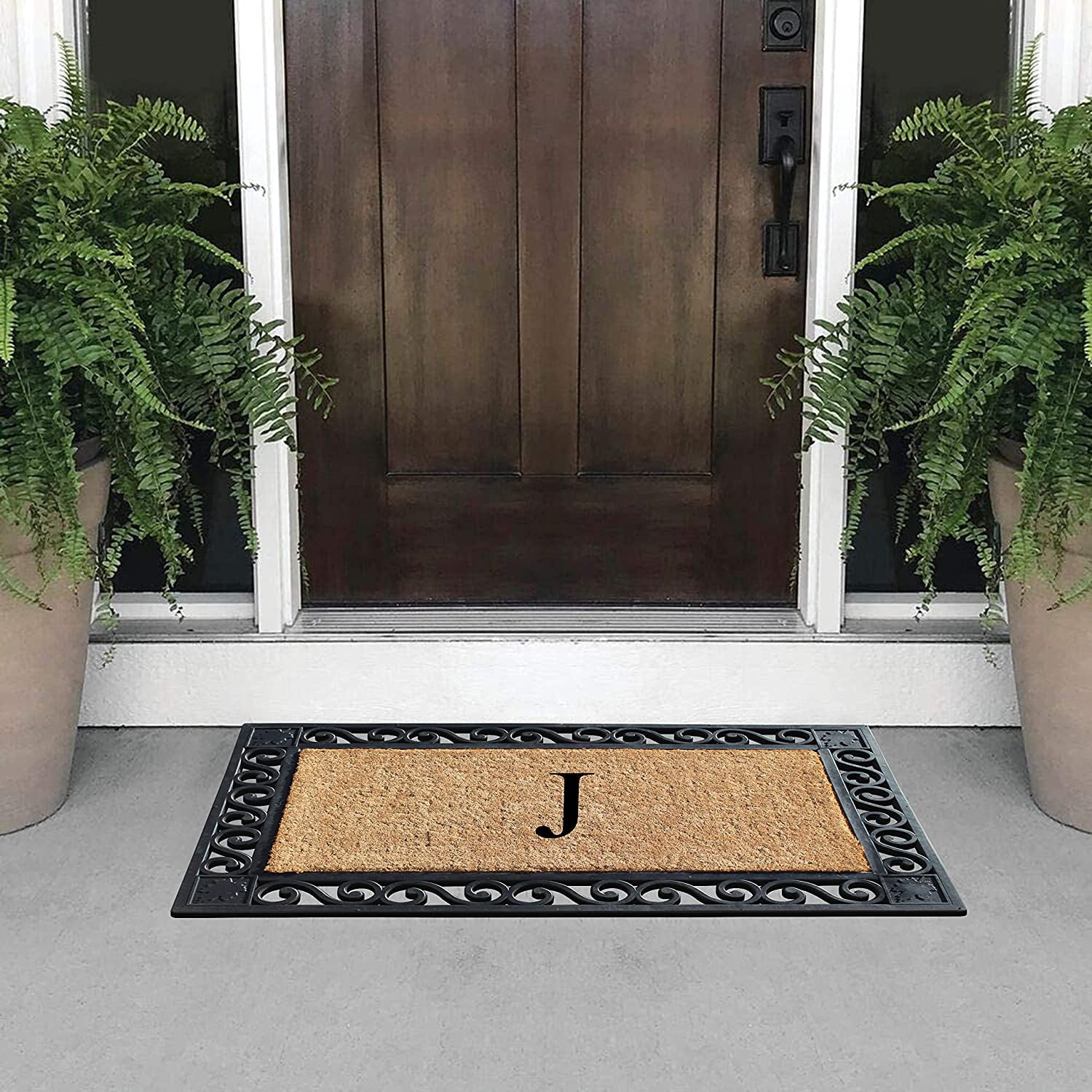 A1HC Natural Coir and Rubber Paisley border Monogrammed Doormat, Anti-Shed Treated Durable for Outdoor Entrance , 23"X38", Black