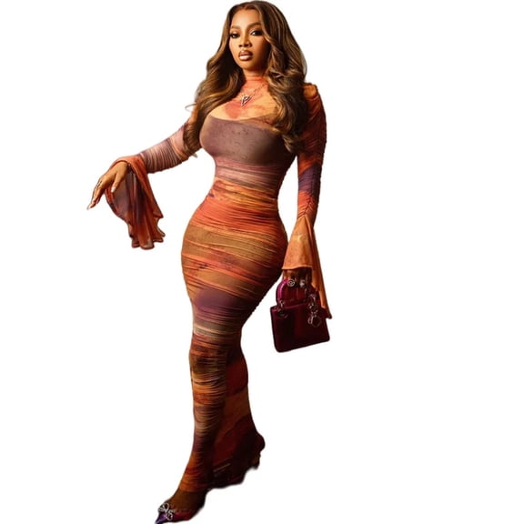 Women's Long Flare Sleeve Pleated Gauze Spliced Dress, O-Neck, Hips Wrapped, Sexy