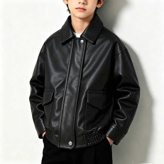 ATORRE Boys Leather Jacket 2026 Stylish Stand Collar Long Sleeve Zipper Baseball Jackets Kids Leather Jacket Fall Winter Outerwear Black A 5-6 Years