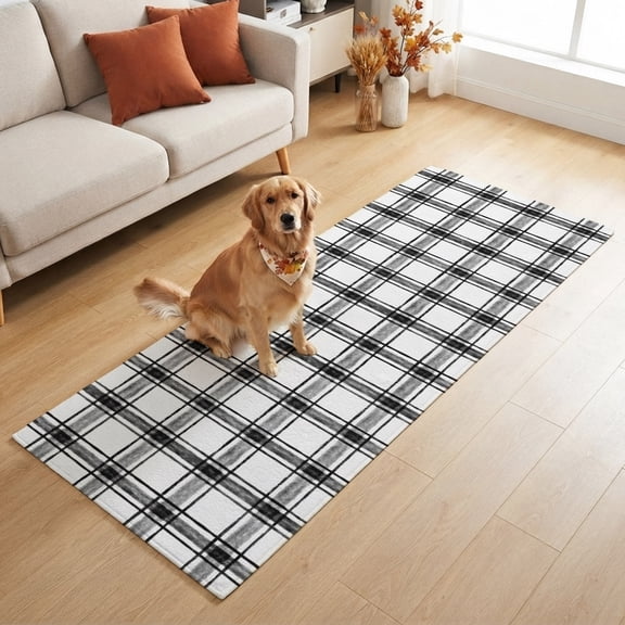 Rectangle Rug 2x6ft, Vintage Gingham Black Plaid Soft Non-Slip Washable Felt Carpet Pad, Modern Minimalist Grid Area Rugs for Living Room Bedroom Kids Room
