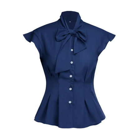 Women's Casual Cap Sleeve Bow Tie Blouse Top Shirts Fashion Ladies Button-Down Shirt  Stand Collar Office Work