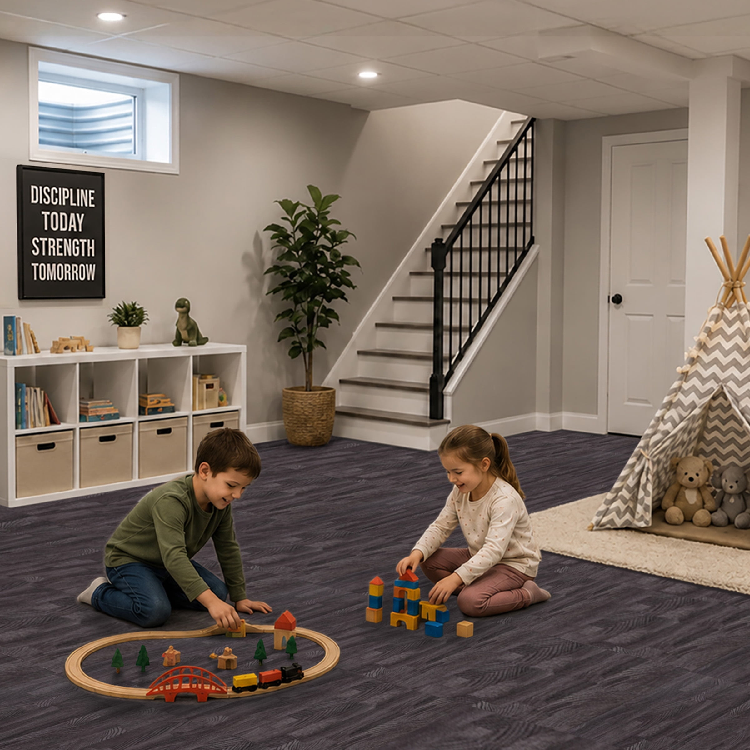 Sorbus Waterproof Wood Grain Foam Floor Tiles, 16 Tiles, 64 Sq Ft, Interlocking, Black Carbon