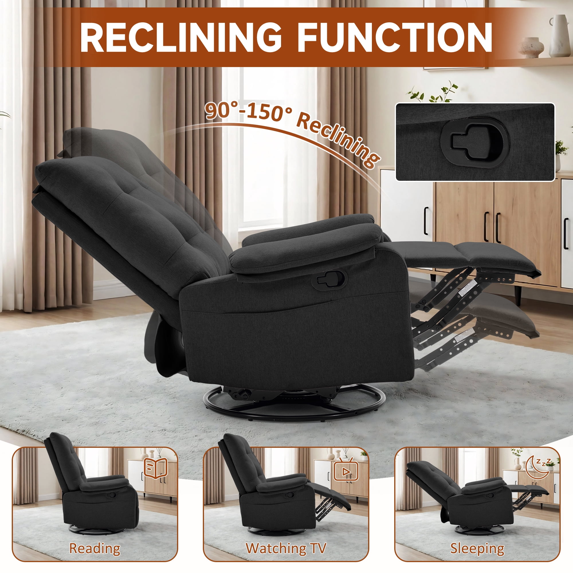 GEEYOO 360°Swivel Rocker Recliner Chair for Adults with Side Pockets,Small Recliner Chair for Small Spaces,Modern Swivel Glider Recliner for Living Room,Linen,Black