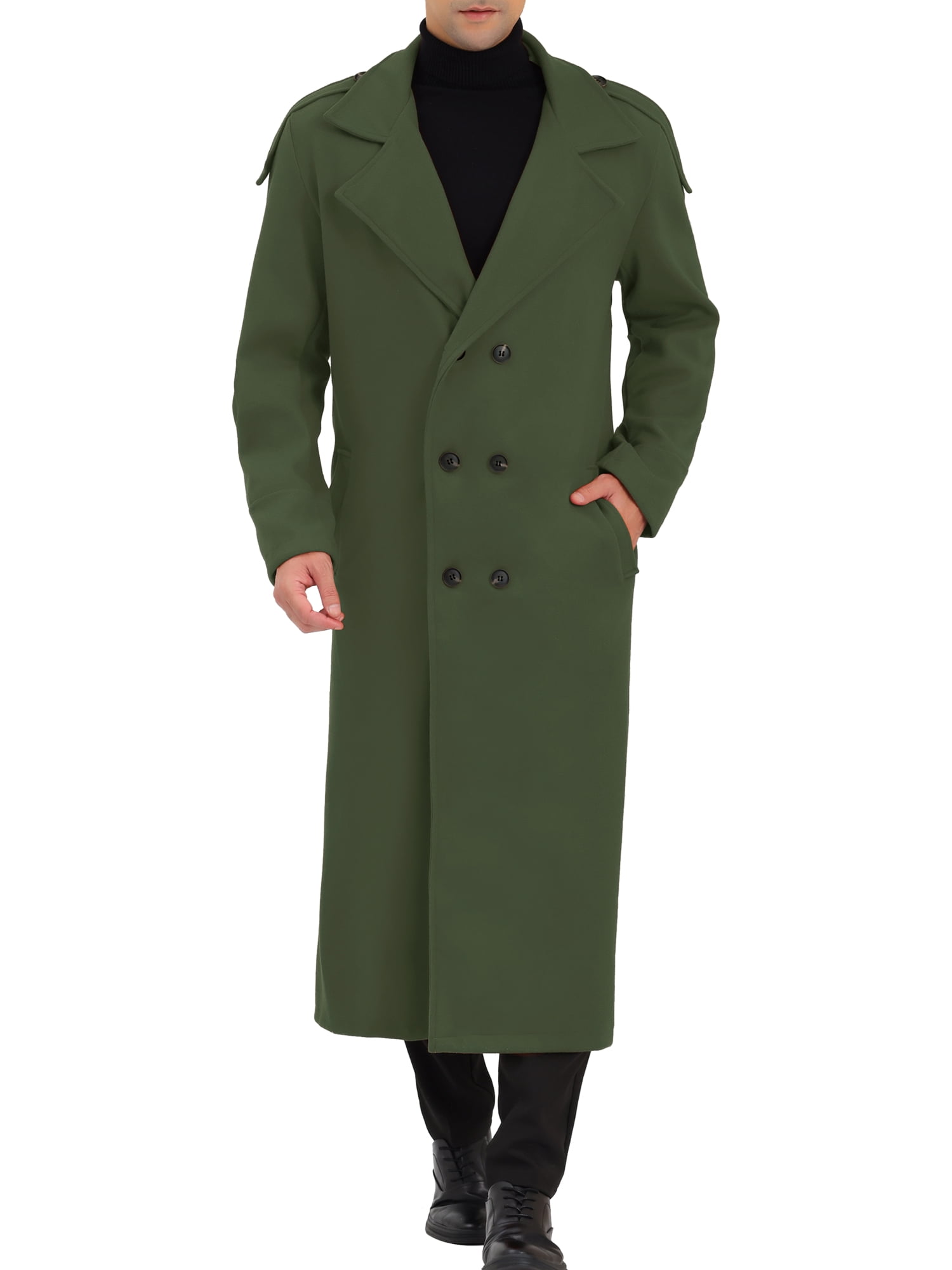 Unique Bargains Men's Pea Coat Notch Lapel Double Breasted Solid Color Overcoat M Olive Green