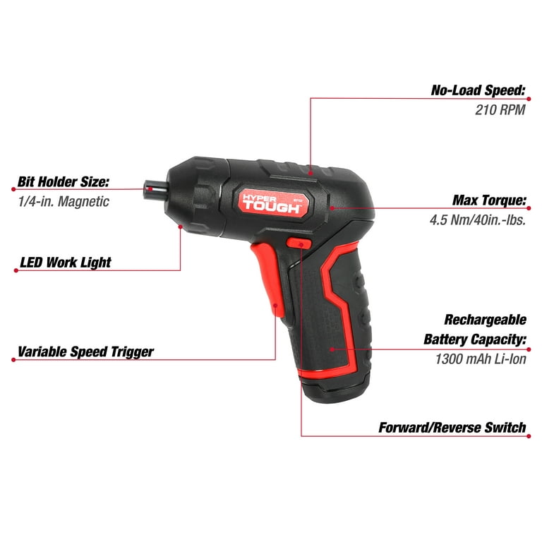 Hyper Tough 4V Max Lithium-Ion Cordless Rotating Power Screwdriver 1/4 inch  Size with Charger, Rotating Handle, LED Light, Magnetic Bit Holder & Bits