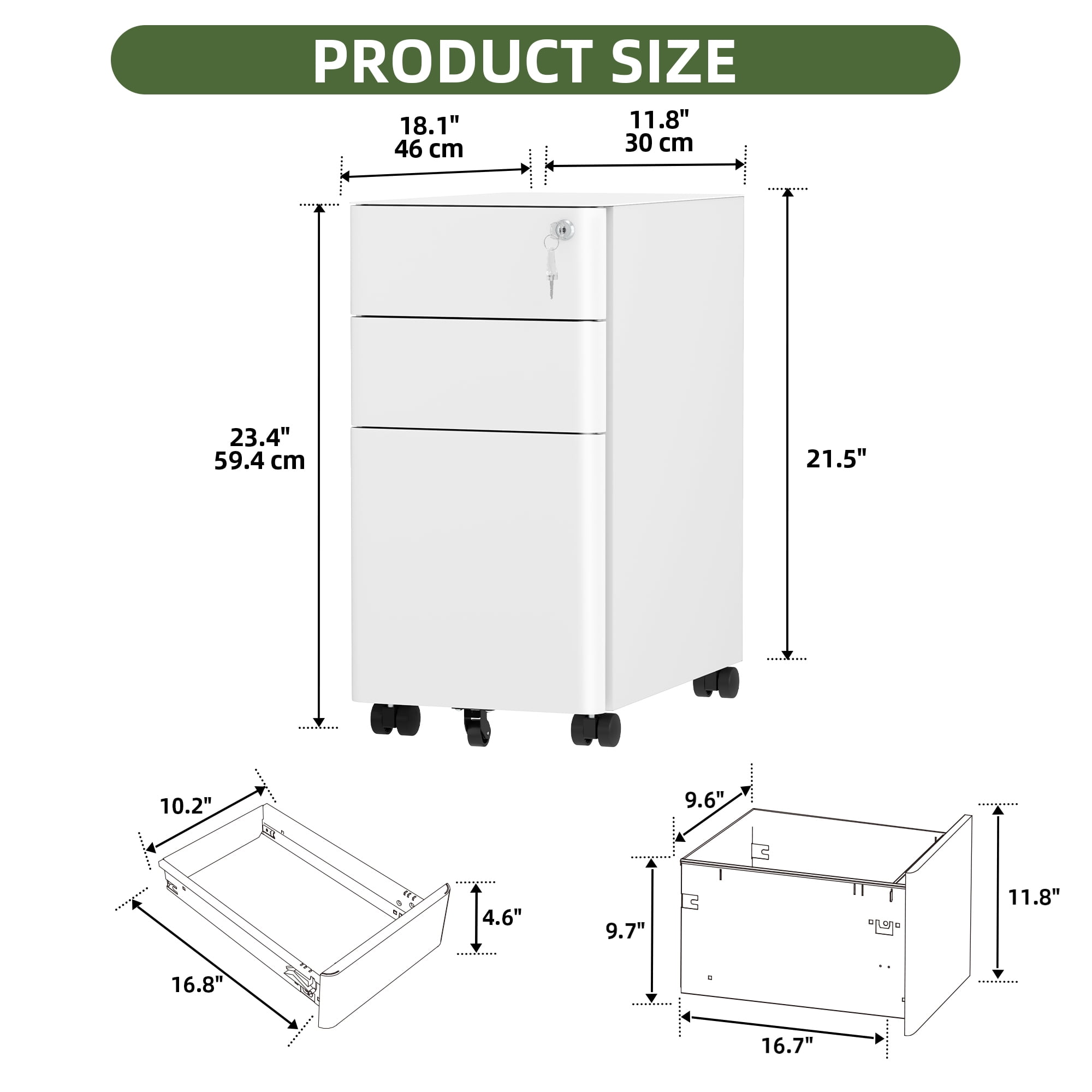 Uforic 3-Drawer Lockable File Cabinet for A4/Letter/Legal Size Folder, Home Office, Assembled Except Casters (White)